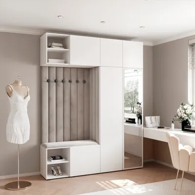 Produktbild von Garderobe ARIA 4 190 cm Weiß Gepolstert Hellgrau mit Spiegel Soft-Close Push-to-Open