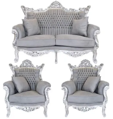 Produktbild von Casa Padrino Barock Wohnzimmer Set Master Grau / Silber - 2er Sofa + 2 Sessel
