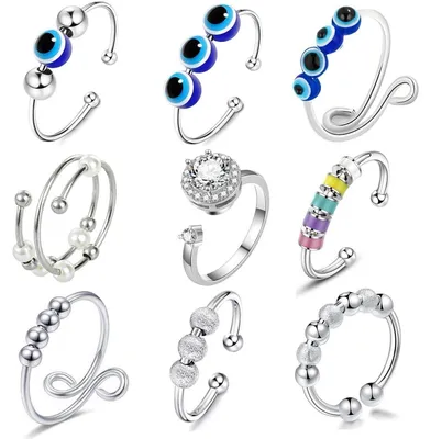 Produktbild von 9 Stück Verstellbare Anti-Stress Ringe Silber mit drehbaren Perlen