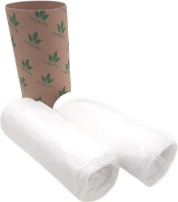 Two rolls of white plastic bags and a brown cardboard tube with green leaf logos and text.