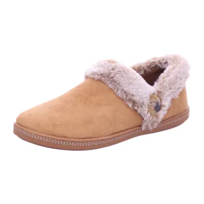 A single brown slipper with faux fur trim and a button detail, shown from a side view against a white background.