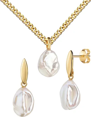 Produktbild von Schmuckset Goldanhänger und 2x Ohrstecker 585 Gold Keshi-Perle. Mit Kette 36 cm