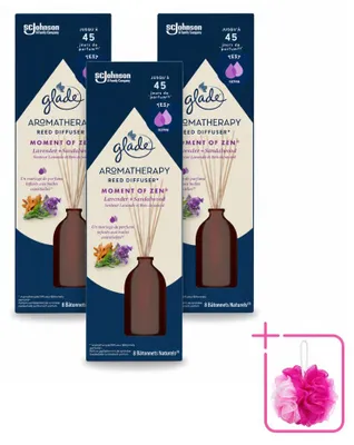 Imagen del producto de 3 difusores de aroma Glade Moment of Zen, con palitos aromáticos, fragancia de lavanda y sándalo, 80 ml, pack ahorro, 3 unidades