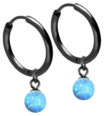 Produktbild von Chirurgenstahl Ohrclicker Creolen SYNTHETISCHER OPAL Farbe: Schwarz + Opal: Hellblau Innendurchmesser: 12 mm