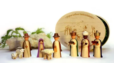 Produktbild von Miniaturfiguren Christi Geburt farbig in der Spanschachtel Höhe=14,5cm NEU