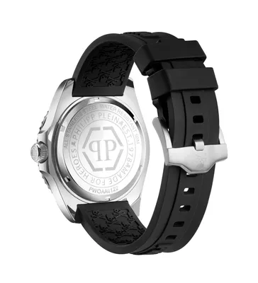 The back of a watch with a black strap.