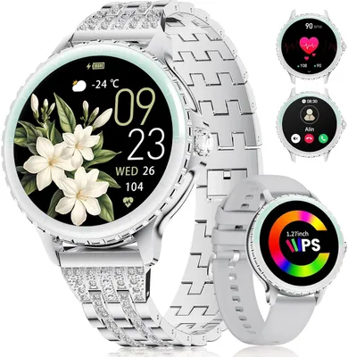 Smartwatch Damen Anruf 1.27" HD Elegant Diamant Frauen für Android iOS,100+Sportmodi,Herzfrequenz, Schlafmonitor, Menstruationszyklus, Kalorien
