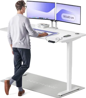 Zdjęcie produktu dla Desktronic HomePro biurko z elektryczną regulacją wysokości 160x80cm biały/biały z funkcją pamięci, technologią antykolizyjną, portami ładowania USB-A i USB-C