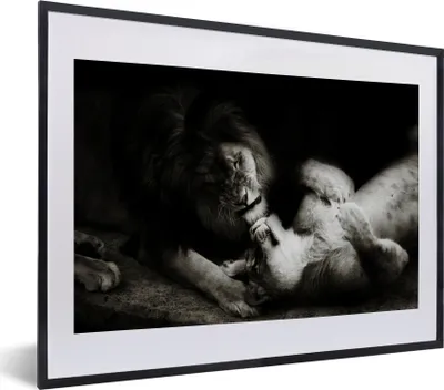 Produktbild von MuchoWow® MuchoWow® Gerahmtes Poster Löwe - Schwarz - Weiß 40x30 cm - Poster mit zchwarzem Bilderrahmen - Bilderrahmen - Poster im Rahmen