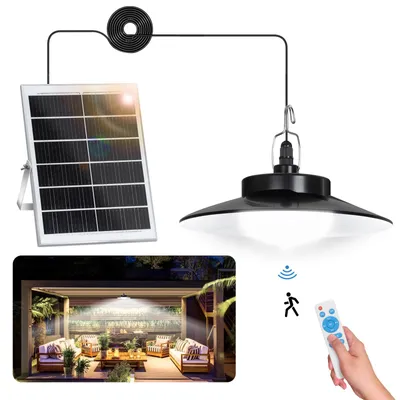 A collage showing a solar-powered hanging lamp with its solar panel, a lifestyle shot of the lamp illuminating an outdoor patio, and a remote control.