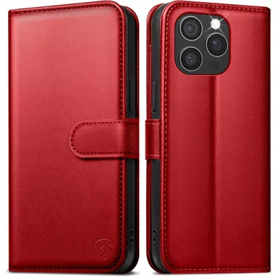 Obrázek produktu pro Pouzdro na telefon iPhone 16 Pro Max, skládací, kožené, červené, s 6 přihrádkami na karty a ochranou proti RFID