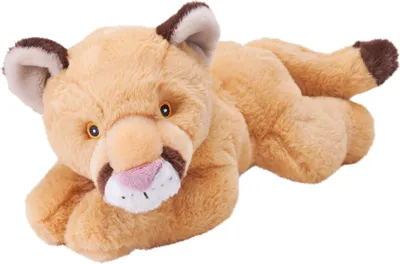 A plush toy cougar lying down on a white background.