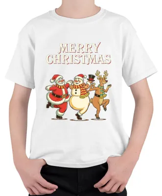 Produktbild von MERRY CHRISTMAS Weihnachtsmann Schneemann Rentier tanzend Vintage Kinder T-Shirt, Weiß, 128