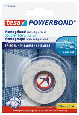 Produktbild von tesa POWERBOND SPIEGEL, Montageband beidseitig klebend, feuchtigkeitsbeständig, 1,5 m x 19 mm