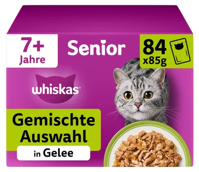 Imagen del producto de WHISKAS® Pack de bolsas individuales con porciones, variedad de sabores en gelatina, 84 unidades de 85g cada una