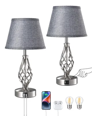 Image de EDISHINE 2 Lampe de chevet à intensité variable avec fonction de charge USB, lampe de table à LED avec 2 ampoules, gris