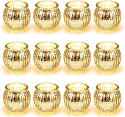 Produktbild von 12 Teelichthalter aus Glas, goldene Glas-Kerzenhalter, Votiv-Kerzenhalter für Tischdekoration, Teelichthalter für Hochzeiten