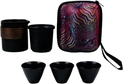 Produktbild von Handgemachtes Reise-Teeset für bis zu 3 Personen Teekanne und Teetassen aus Porzellan mit Tragbarer Reisetasche Schwarz