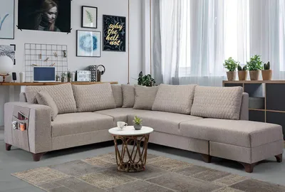 Produktbild von Hanah Home, Ecksofa-Bett (230 x 285 cm) in Hellbraun, 100% Polyester, 8 Kissen, Pflegeleicht, Tragfähigkeit 240 kg, Ideal für modernes Wohnen, Funktional & Elegant.