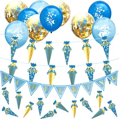 Produktbild von Oblique Unique Schuleinführung Schulanfang Einschulung Deko Set - Schulkind + Zuckertüten Girlande + Luftballons + Konfetti