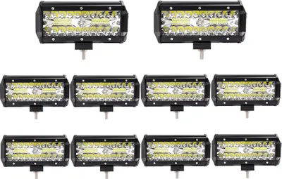 A collection of LED work lights arranged in rows on a white background.