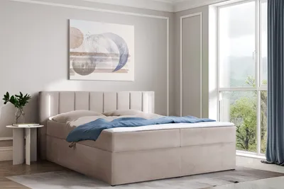 Produktbild von Polsterbett 200 x 200 cm mit Bettkasten und Matratze, Bonellmatratze H3, 2 USB-Ports, LED Beleuchtung, Beige Velours Velvet Iseria
