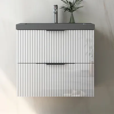 Produktbild von Waschtisch mit Unterschrank 60cm RIVA Badmöbel Set Hochglanz Weiß Waschbecken Dunklegrau mit Unterschrank Softclose