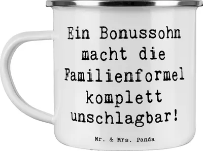 Produktbild von Mr. & Mrs. Panda Haferl Spruch Unschlagbarer Bonussohn - Weiß - Geschenk, herzerwärmende Sprüche, Teetasse, Liebe, Stiefsohn, einzigartige Designs, Emaille Tasse, Outdoor