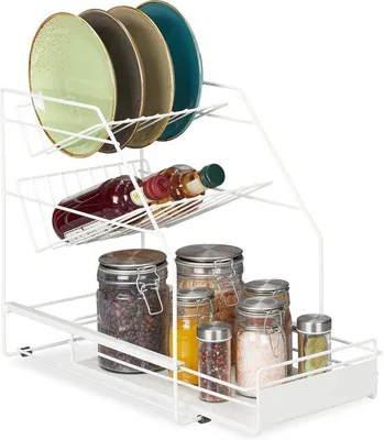 Zdjęcie produktu dla Metalowy organizer kuchenny z półką – wolnostojący stojak na zioła – 395 x 25 x 40 cm, biały