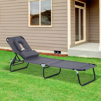 Produktbild von Sonnenliege mit Gesichtsloch klappbar, Gartenliege Bauchlage, Oxford-Stoff Stahlrahmen, Grau | 190 x 56 cm | 120 kg | 4-fach verstellbar