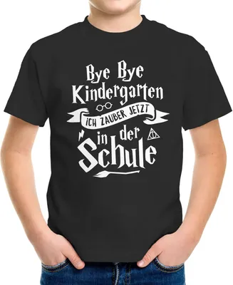 Produktbild von Kinder T-Shirt Jungen Bye Bye Kindergarten ich zaubere jetzt in der Schule Geschenk zur Einschulung Schulanfang Moonworks® schwarz 122-128 (7-8 Jahre)