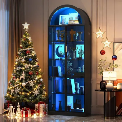 Obrázok produktu pre Sklenená vitrína s dverami a LED osvetlením, výška 195 cm, čierna