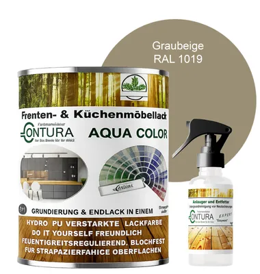 Produktbild von 750ml. + Anlauger - Contura Küchenmöbellack RAL Möbellack SEIDENMATT SET Möbelfarbe Holzlack Buntlack Küchenlack - RAL 1019 Graubeige