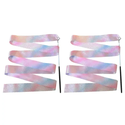 Produktbild von 2 Stück Gymnastikbänder, funkelnd, extra weich, glatt, flexibel, bequemer Griff, Tanztraining, Satin, Kinderbänder für rhythmische Gymnastik mit Zauberstab für Kinder