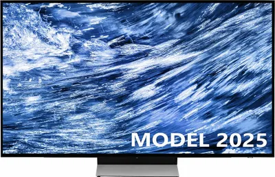 A television screen displaying a dynamic blue abstract image with the text "MODEL 2025" in the bottom right corner.