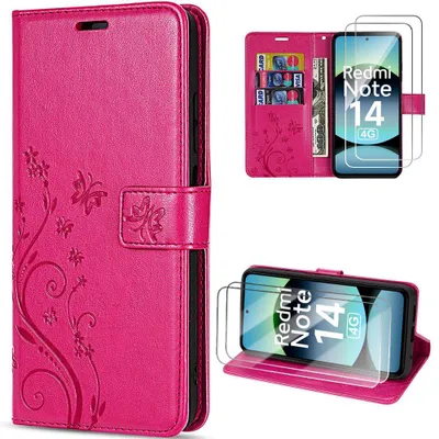 Image de Coque + 2 Verres Trempés pour Xiaomi Redmi Note 14 4G, Antichoc Synthécuir Fuchsia Motif Papillon Plante