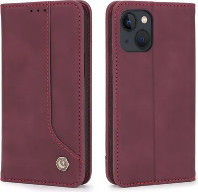 Produktbild von iPhone 13 Hülle, Retro Kunstledertasche Schutzhülle mit Kartenfach Standfunktion für iPhone 13 Rot