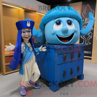 Produktbild von Maskottchenkostüm REDBROKOLY Blaue Schatztruhe mit Yogahose und Baskenmütze