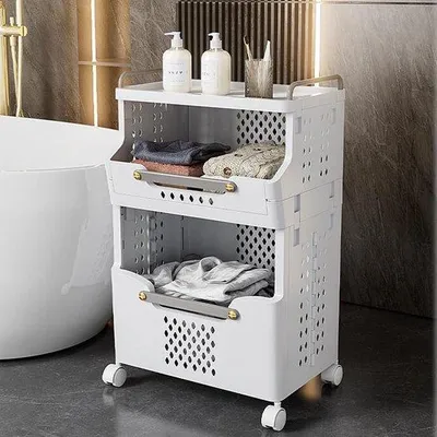 Image de Panier à linge pliable et empilable, avec roulettes - 2 niveaux