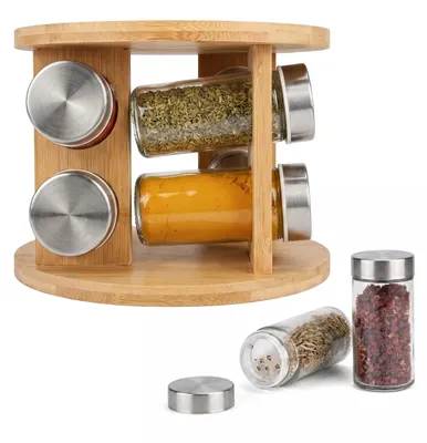 Immagine prodotto di Relaxdays, carosello per spezie, 8 contenitori per spezie, porta spezie rotante a 360°, dimensioni: 15 x 19 cm, bambù, scaffale per spezie, colore naturale