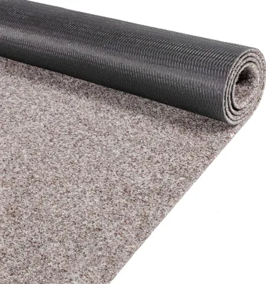 A rolled-up carpet runner with a textured backing is shown against a white background.