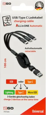 Image de 2GO Ladekabel 5in1 ALLinOne USB-A/USB-C Aufrollautomatik 1m