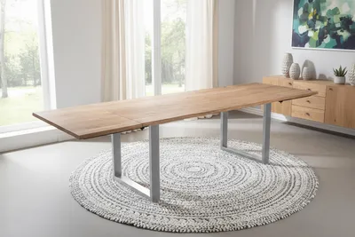Produktbild von Esstisch Baumkante Akazie natur 160(260)x90 Ansteckplatten U-Gestell silber AVINO