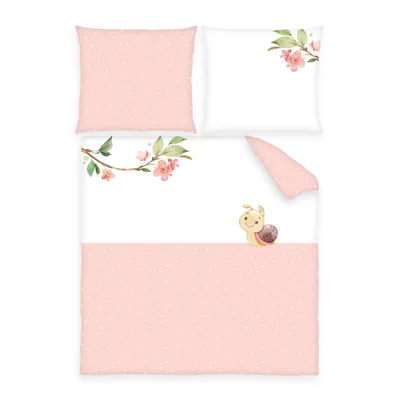 Produktbild von Babybettwäsche 80x80 & 35x40 – Rosa Wende-Bettwäsche für Wiege & Kinderwagen – Motiv Schnecke – 100% Baumwolle –