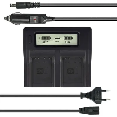 Produktbild von Dual Akku-Ladegerät kompatibel mit Panasonic DMW-BCH7, DMW-BCH7E - mit USB-Anschluss, LCD-Display und Kfz-Ladekabel - Schnellladegerät