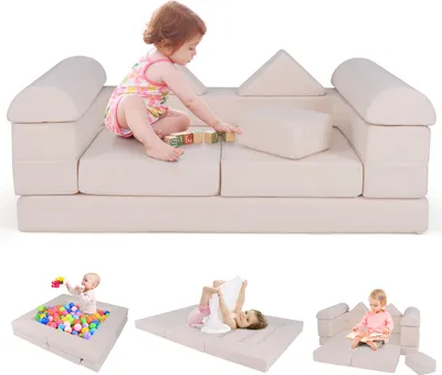 Produktbild von COSTWAY Modulares Kindersofa, 9-teiliges Spielsofa aus Schaumstoff Bausteine mit bequemem Wildlederstoff, Modulsofa für Kinder Beige