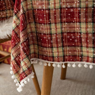 140x200cm Rechteckig Rot Weihnachten Tischdecke Schneeflocke Pompom Schottisch Plaid Tischabdeckung