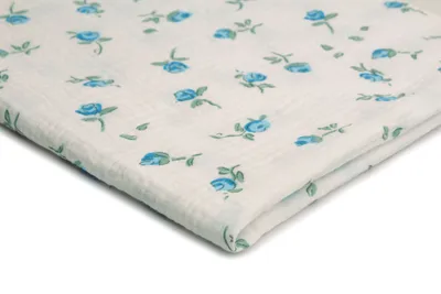 Produktbild von Baumwoll Musselin Stoff mit Aufdruck, Double Gauze, Blaue Blumen 50 x 130 cm