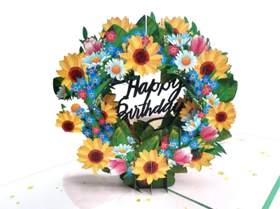 Produktbild von 3D Pop-Up Geburtstagskarte mit Sonnenblumen Kranz, Tulpen und blauen Blüten, Grünes Design mit Umschlag