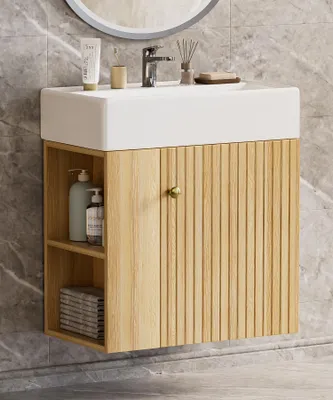 Produktbild von YORBAY Waschtisch Badmöbel Waschtischunterschrank 55 cm Keramik mit Unterschrank Waschbecken mit Waschtisch für kleine Badezimmer Oak